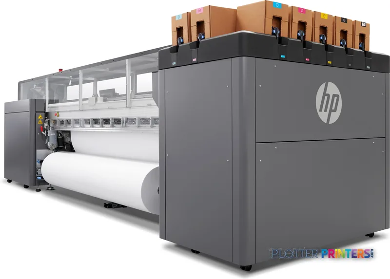 HP Latex 3600 Printer rear view showing gray exterior with HP logo and cardboard supply boxes mounted on top