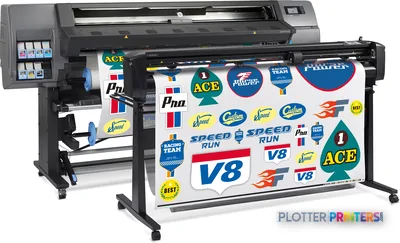 HP Latex 335 Print and Cut Solution front-right view showing black large-format printer with integrated cutting module and i…