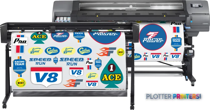 HP Latex 335 Print and Cut Solution front-center view showing black large-format printer with printed vinyl decals
