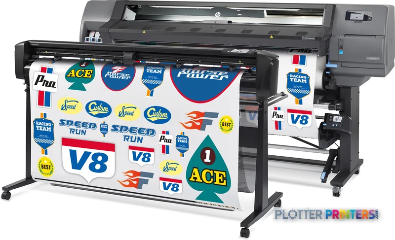 HP Latex 335 Print and Cut Solution front-left view showing black large-format printer with printed vinyl decals being cut