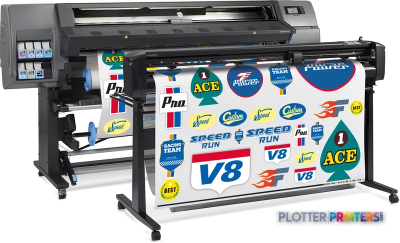 HP Latex 335 Print and Cut Solution front-right view showing black large-format printer with integrated cutting module and i…