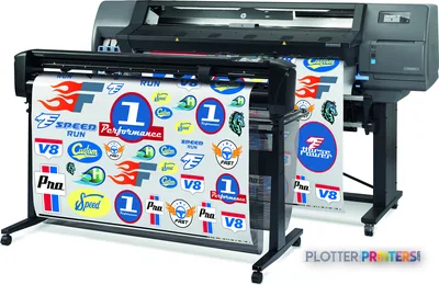 HP Latex 315 Print and Cut Solution front-left view showing grey large-format printer with colorful printed vinyl decals on…