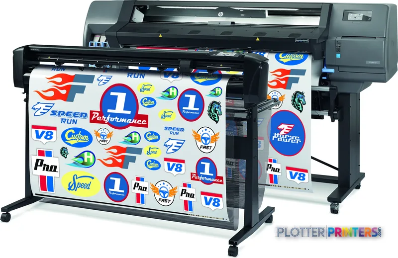 HP Latex 315 Print and Cut Solution front-left view showing grey large-format printer with colorful printed vinyl decals on…