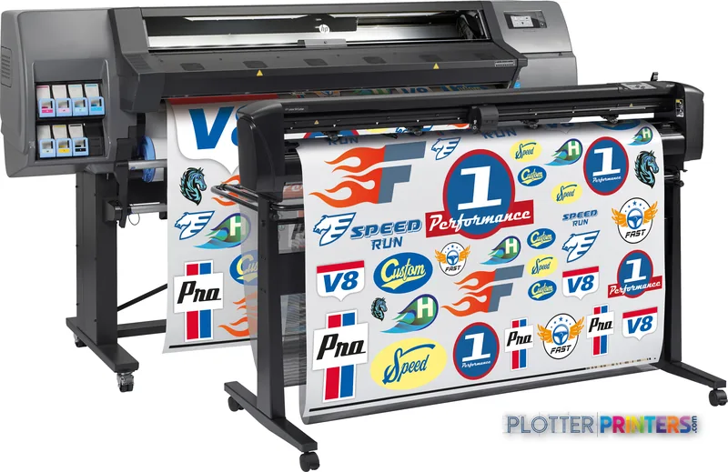 HP Latex 315 Print and Cut Solution front-right view showing grey printer with integrated cutting module and ink cartridges