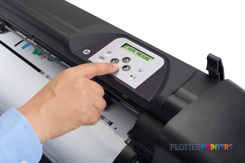 HP Latex 315 Print and Cut Solution lifestyle image showing a hand operating the printer's control panel