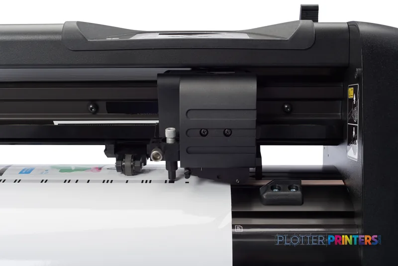 HP Latex 315 Print and Cut Solution showing the integrated cutting module with white media loaded through the printer