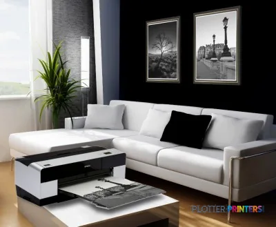 Epson Stylus Pro 3880 product image showing the printer in a modern living room setting with framed artwork on the wall