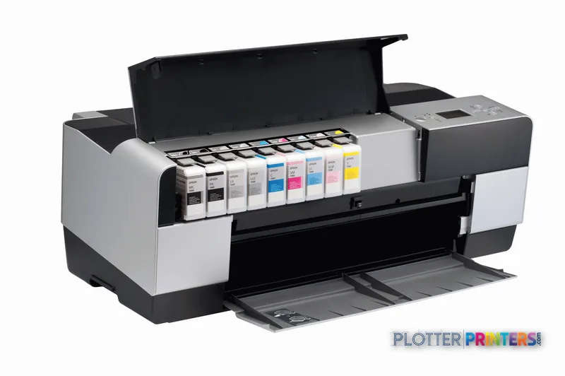 Epson Stylus Pro 3880 product image showing front view with open ink cartridge bay and extended paper tray