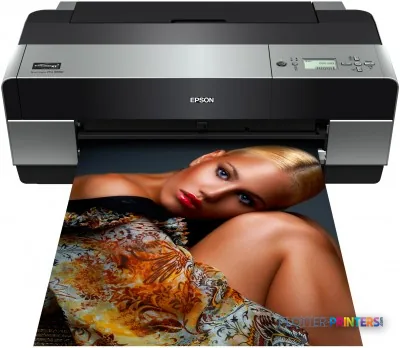 Epson Stylus Pro 3880 large-format printer with a vibrant color portrait print emerging from the output tray