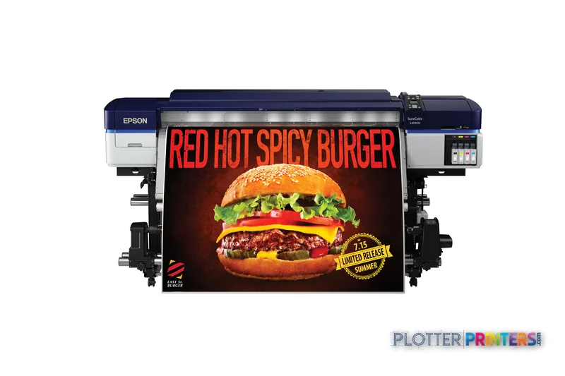 Epson SureColor SC-S40600 large-format printer product image showing the device printing a vibrant burger advertisement bann…