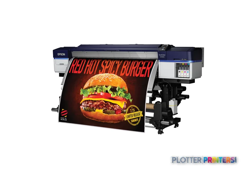Epson SureColor SC-S40600 large-format printer product image showing the device printing a vibrant burger advertisement