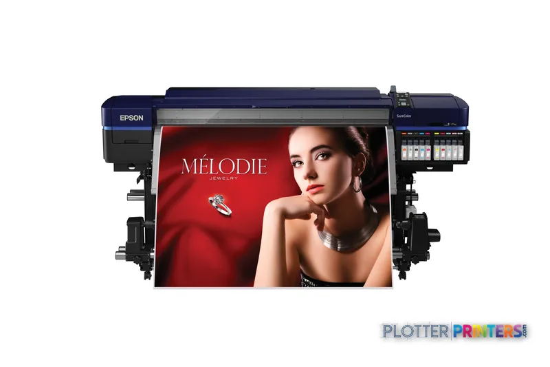 Epson SureColor SC-S80600 large-format printer product image showing black and blue unit with sample output
