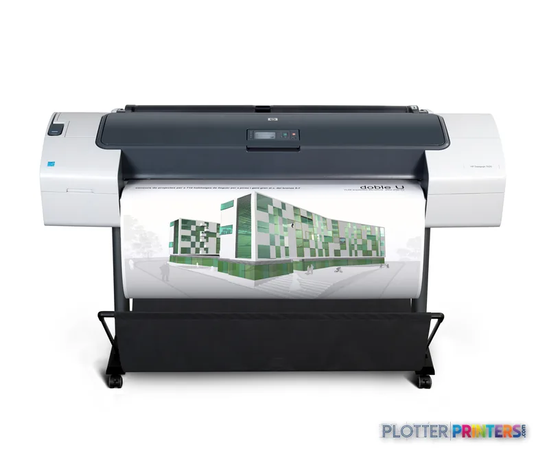 HP DesignJet T620 24-in Printer product image showing white and dark gray printer with architectural rendering output