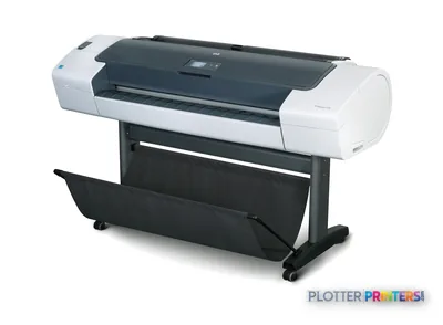 HP Designjet T770 large-format printer product image showing white and dark gray printer on black stand with output tray