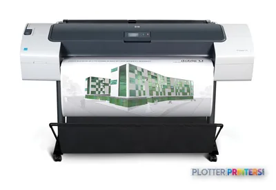 HP Designjet T770 large format printer product image showing front view with architectural rendering printed on paper