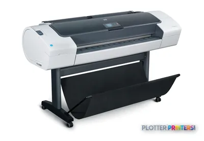 HP Designjet T770 large-format printer product image showing white and dark gray printer on black stand with wheels