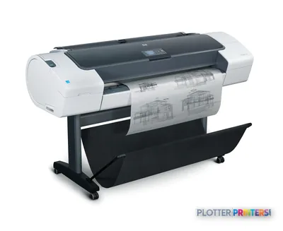 HP Designjet T770 large format printer product image showing white and dark gray printer with architectural blueprint printi…