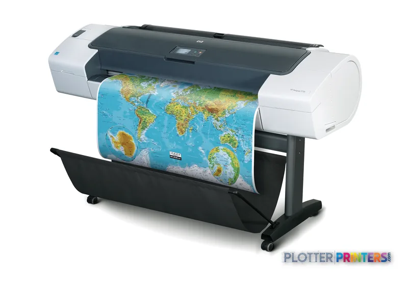 HP Designjet T770 large-format printer product image showing white and black printer with world map print output