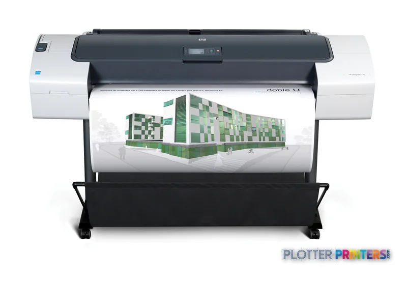 HP Designjet T770 large format printer product image showing front view with architectural rendering printed on paper