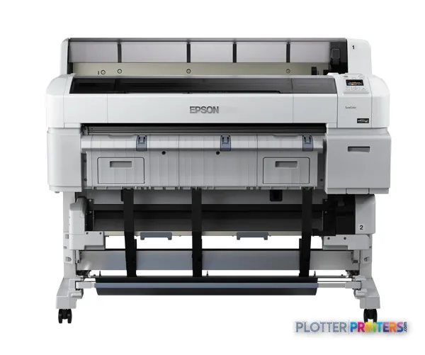Epson SureColor T5200D large-format printer product image, white printer with open paper feed mechanism