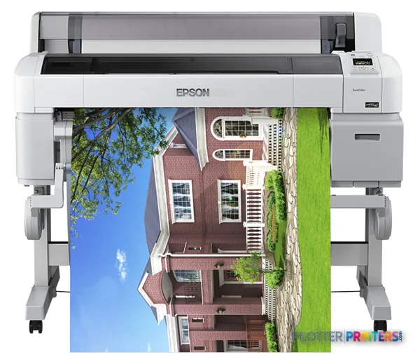 Epson T5200 large format printer product image showing white printer with architectural photograph printing