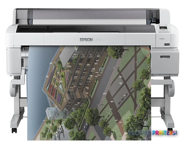 Epson SureColor T7200 large format printer product image showing white printer with architectural print output