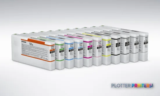 Epson SureColor SC-P5000 STD Spectro ink cartridge set displayed in a row showing multiple colored cartridges