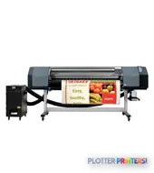 HP Designjet 8000sf large format printer shown from the side with a colorful print sample displaying vibrant imagery