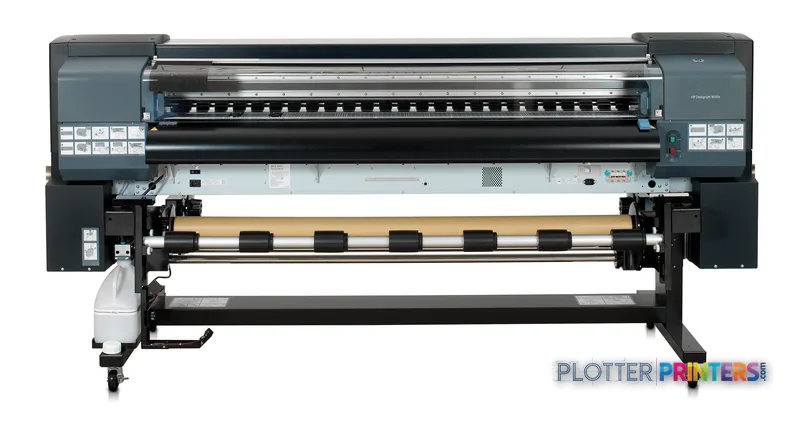 HP DesignJet 9000s Printer product image showing front view with open media tray and print head assembly