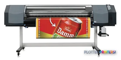 HP DesignJet 8000s Printer product image showing the large-format printer with a beverage label printing sample