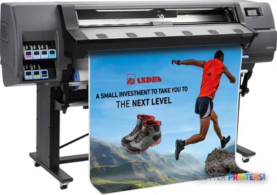 HP Latex 115 Printer front-right view showing grey large-format printer with ink cartridges and colorful print output