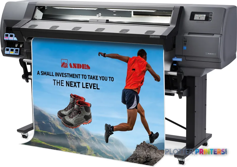 HP Latex 115 Printer front-left view showing grey large-format printer with colorful banner output