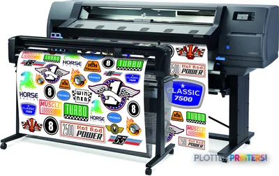 HP Latex 115 Print and Cut Solution front-left view showing black printer with cutting module and sample vinyl decals