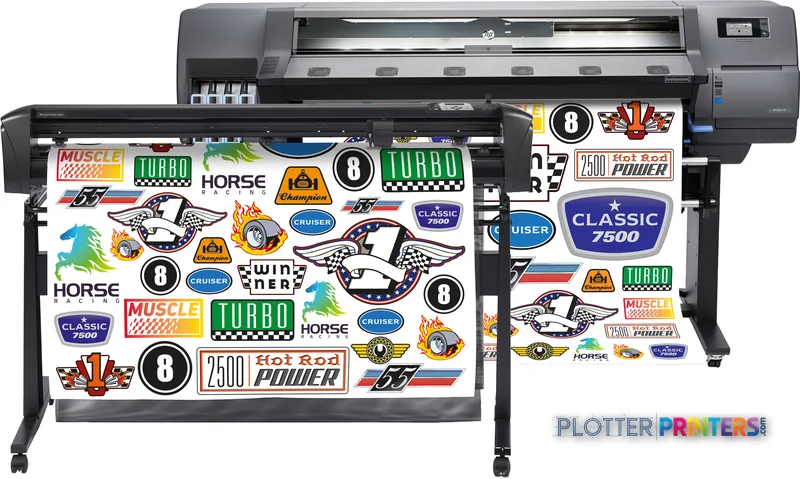 HP Latex 115 Print and Cut Solution front view showing black large-format printer with colorful vinyl decals displayed on cu…