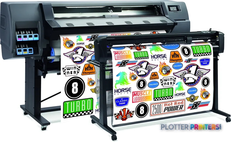 HP Latex 115 Print and Cut Solution front-right view showing black printer with cutting module and colorful sticker output
