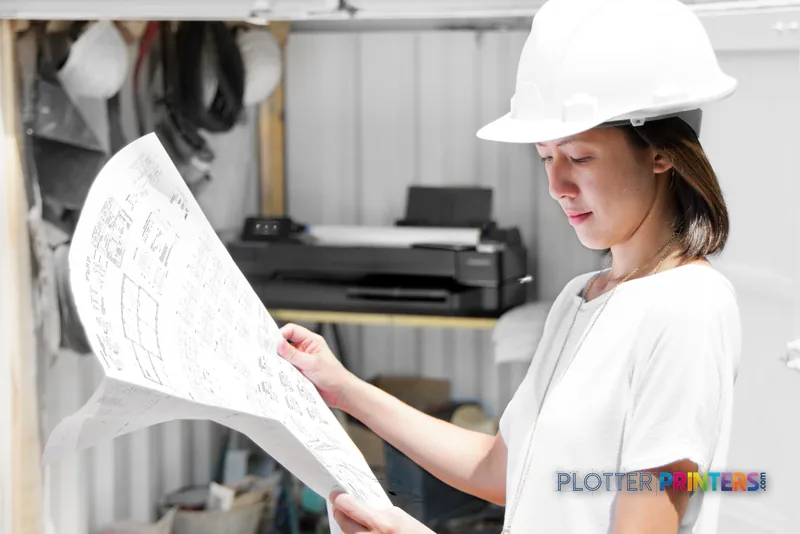Woman in hard hat reviewing large-format blueprint with HP DesignJet T120 printer in background