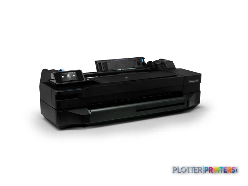 HP DesignJet T120 24-inch large-format printer product image showing black device with control panel and paper feed