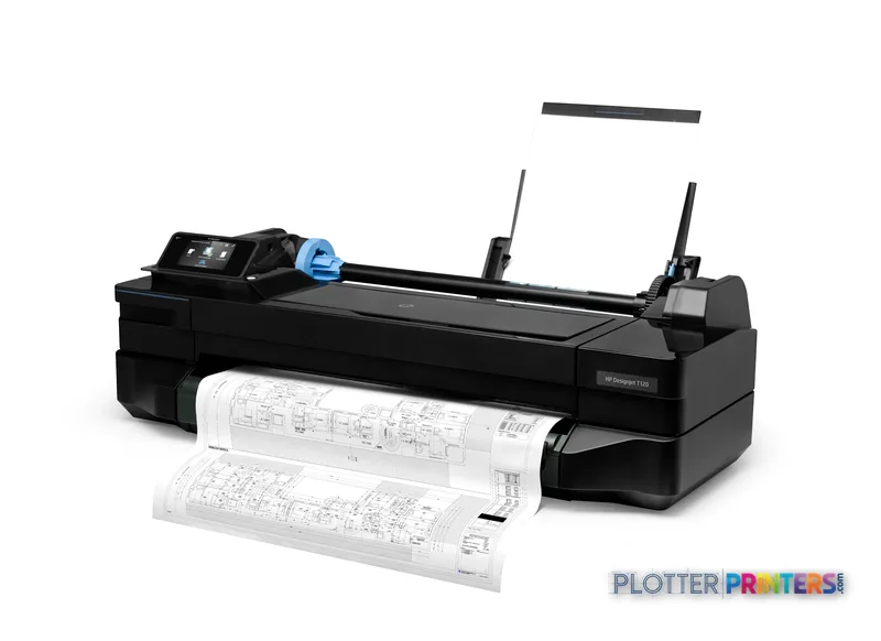 HP DesignJet T120 24-inch large-format printer product image showing black device with rolled technical drawings output