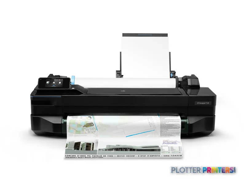 HP DesignJet T120 24-inch large-format printer product image showing black printer with output tray extended