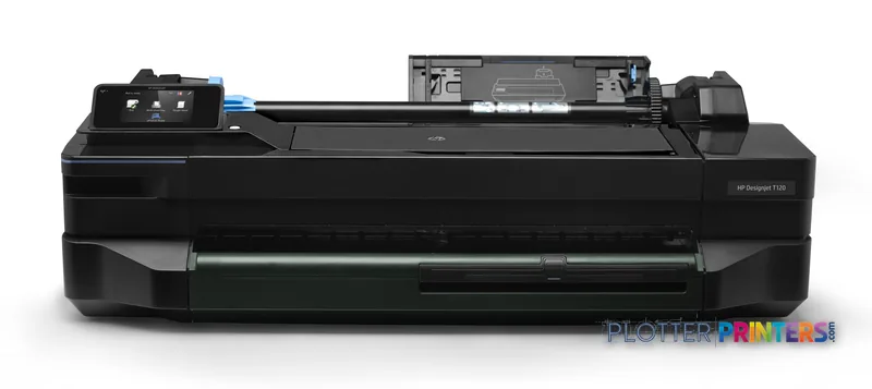 HP DesignJet T120 24-inch large-format printer, front product view showing black body with control panel and paper feed