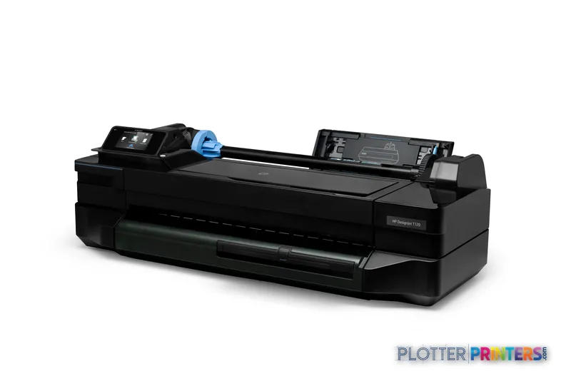 HP DesignJet T120 24-inch large-format printer, product view showing black device with blue paper roll holder