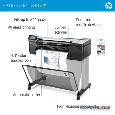 HP DesignJet T830 24" large-format printer with annotated features including touchscreen, wireless printing, and built-in sc…