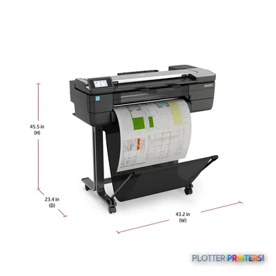HP DesignJet T830 24-inch large format printer with annotated dimensions showing height, width, and depth measurements