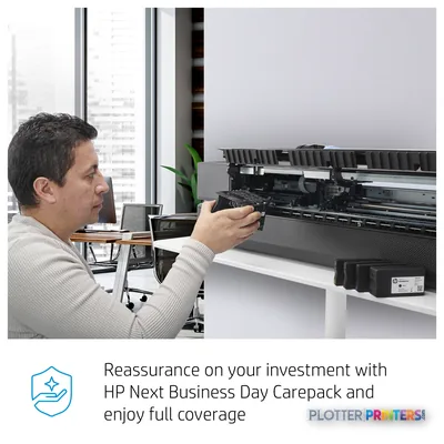 HP DesignJet T830 24" multifunction printer with user accessing ink cartridges, feature callout view