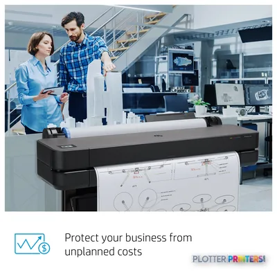 HP DesignJet T830 24" large-format printer with annotated features in modern office setting