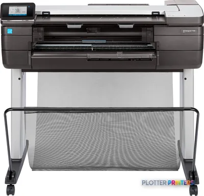 HP DesignJet T830 24-inch large format printer with black and grey body on stand, front view