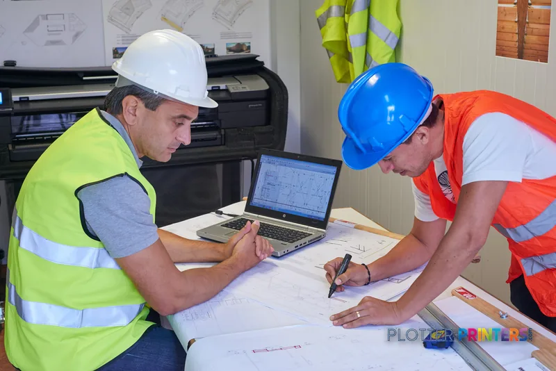 HP DesignJet T830 large format printer lifestyle image showing construction workers reviewing blueprints