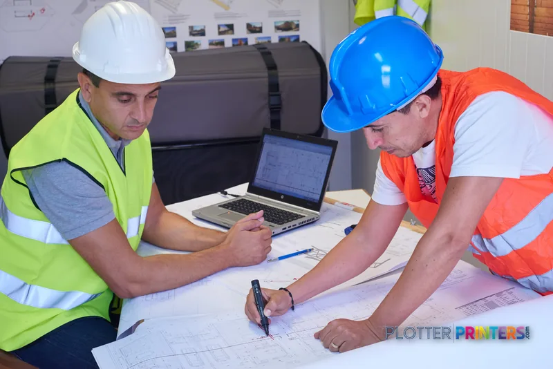 HP DesignJet T830 lifestyle image showing construction workers reviewing large-format blueprints at a table with laptop