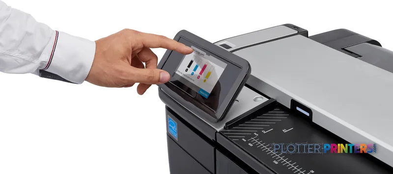 HP DesignJet T830 large format printer lifestyle image showing a person's hand operating the touchscreen control panel