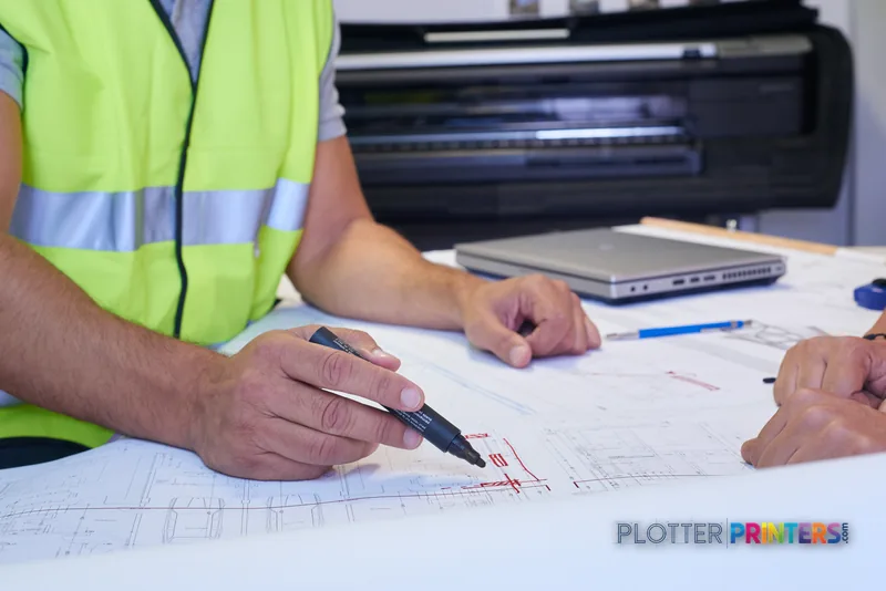HP DesignJet T830 large format printer lifestyle image showing construction workers reviewing blueprints